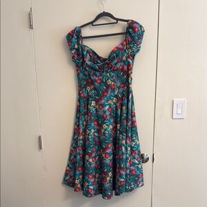 NWT Timeless London Retro Teal/Multicolor Tropical Floral Print Midi Dress
